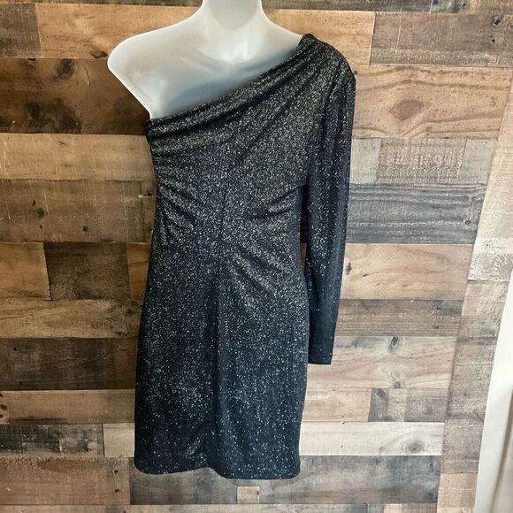 Allen B by Allen Schwartz Black Sparkle One-Sleeve Mini Glitter Party Dress XS - Picture 7 of 8